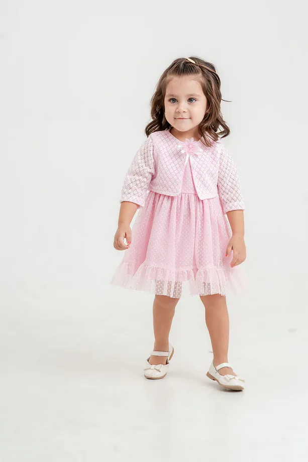 Baby Girls' Polka Dot Dress with Matching Bolero and Floral Hair Clip