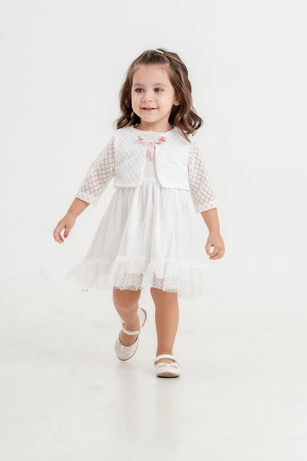 Baby Girls' Polka Dot Dress with Matching Bolero and Floral Hair Clip
