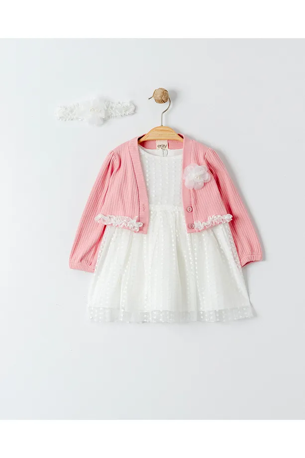 Baby Girls' 3-Piece Dress Set with Floral & Polka Dot Details, Cardigan, and Matching Bandana