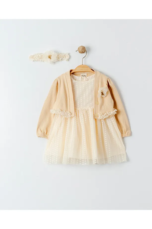 Baby Girls' 3-Piece Dress Set with Floral & Polka Dot Details, Cardigan, and Matching Bandana