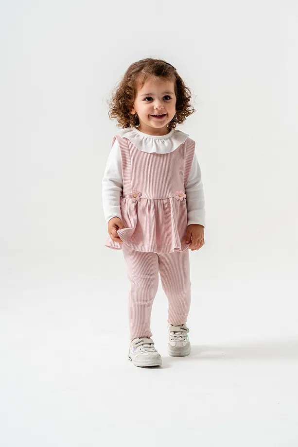Baby Girls' Ribbed Seasonal Set with Ruffled Collar and Floral Appliqué