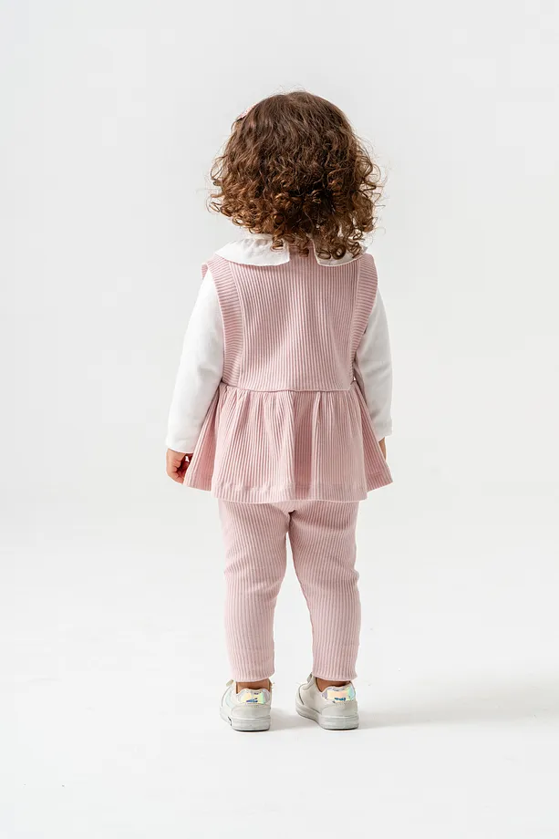 Baby Girls' Ribbed Seasonal Set with Ruffled Collar and Floral Appliqué