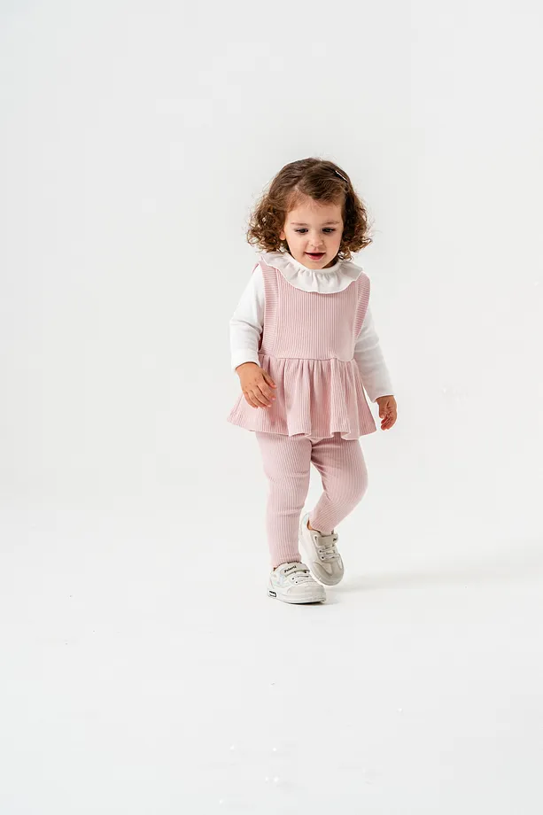 Baby Girls' Ribbed Seasonal Set with Ruffled Collar and Floral Appliqué