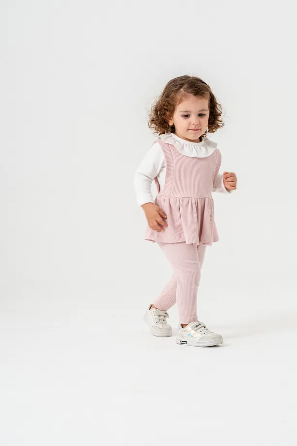 Baby Girls' Ribbed Seasonal Set with Ruffled Collar and Floral Appliqué