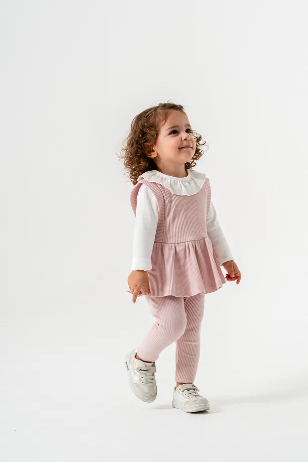Baby Girls' Ribbed Seasonal Set with Ruffled Collar and Floral Appliqué
