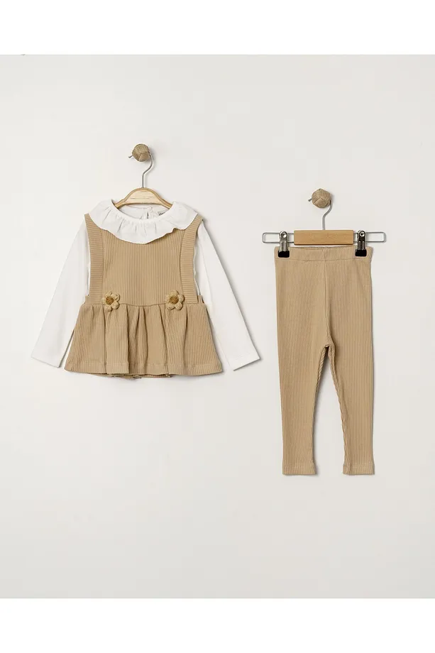 Baby Girls' Ribbed Seasonal Set with Ruffled Collar and Floral Appliqué