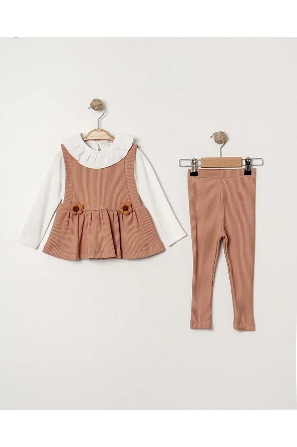 Baby Girls' Ribbed Seasonal Set with Ruffled Collar and Floral Appliqué