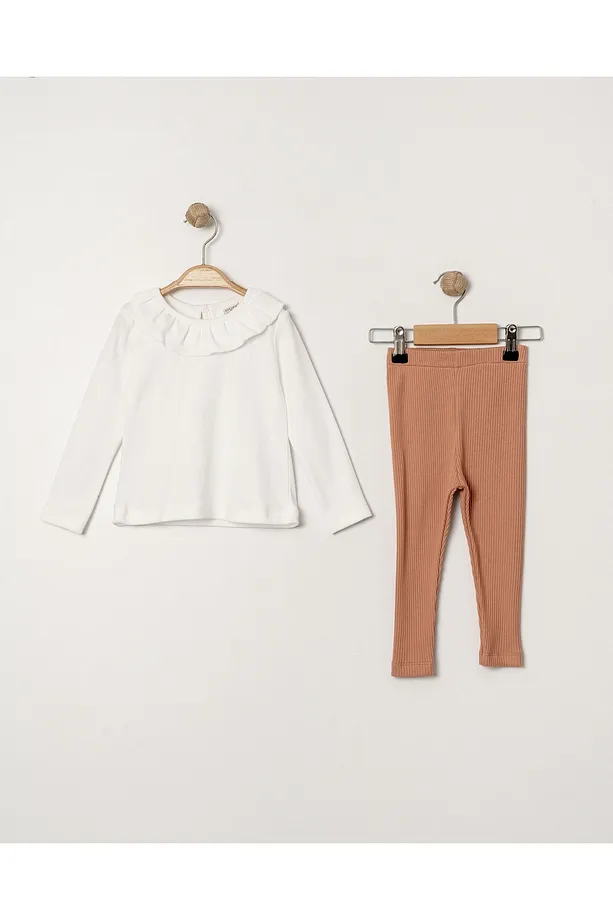 Baby Girls' Ribbed Seasonal Set with Ruffled Collar and Floral Appliqué