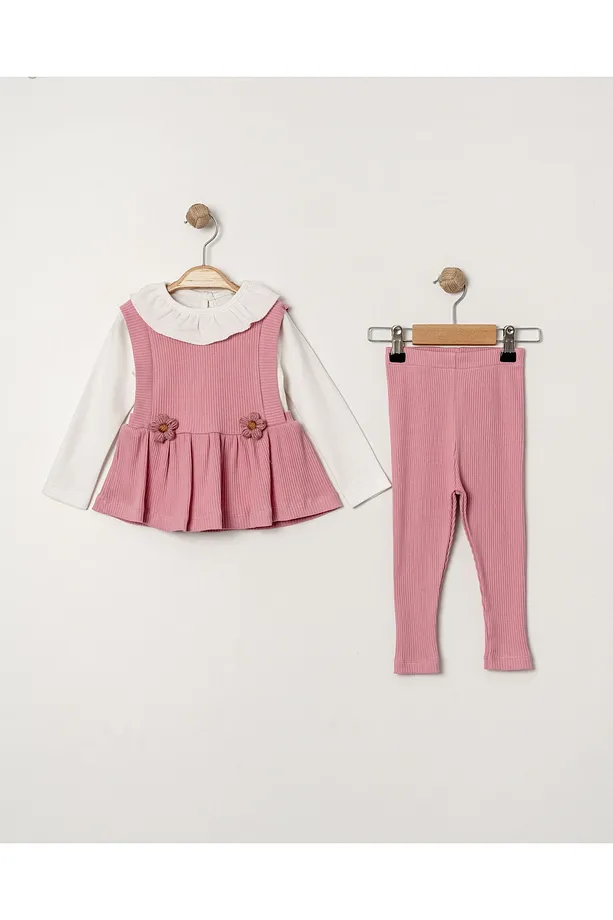 Baby Girls' Ribbed Seasonal Set with Ruffled Collar and Floral Appliqué