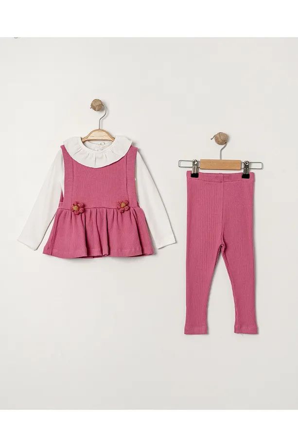 Baby Girls' Ribbed Seasonal Set with Ruffled Collar and Floral Appliqué