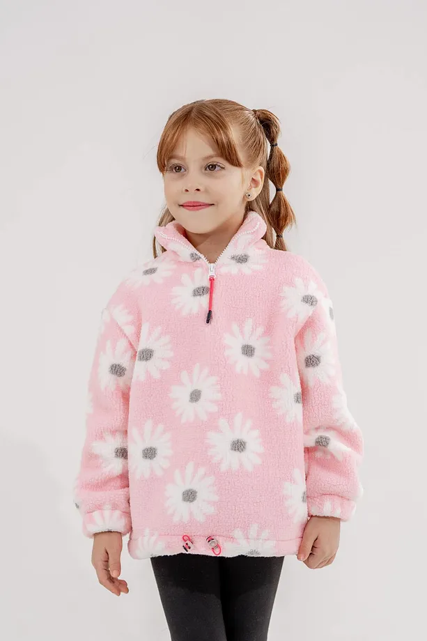 Girls' Zip-Up Polar Sweatshirt with Drawstring Waist and Stand Collar