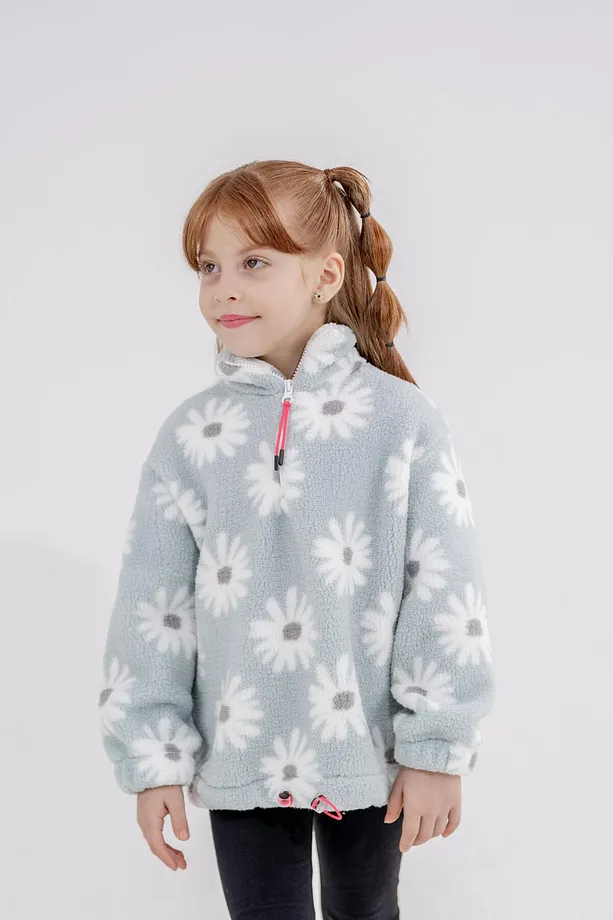 Girls' Zip-Up Polar Sweatshirt with Drawstring Waist and Stand Collar