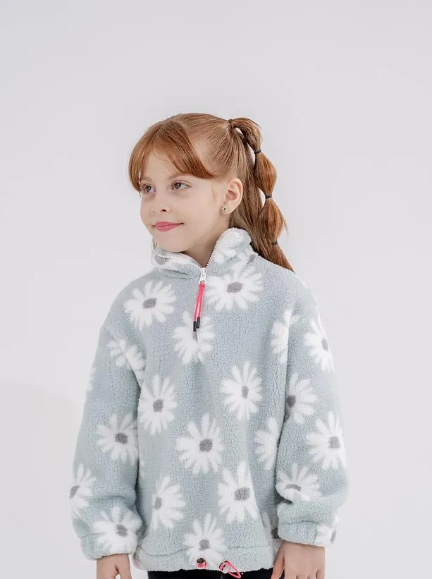 Girls' Zip-Up Polar Sweatshirt with Drawstring Waist and Stand Collar