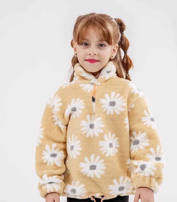 Girls' Zip-Up Polar Sweatshirt with Drawstring Waist and Stand Collar