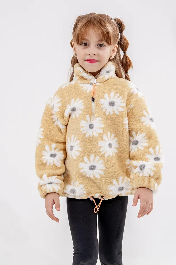 Girls' Zip-Up Polar Sweatshirt with Drawstring Waist and Stand Collar