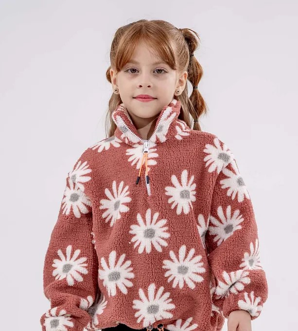 Girls' Zip-Up Polar Sweatshirt with Drawstring Waist and Stand Collar