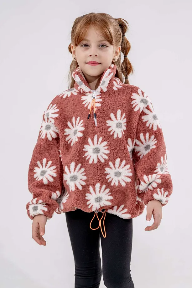 Girls' Zip-Up Polar Sweatshirt with Drawstring Waist and Stand Collar