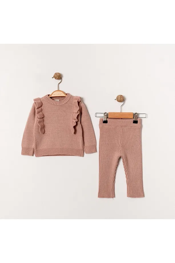 Girls' Pink Ribbed Knit Two-Piece Set with Ruffled Sleeves