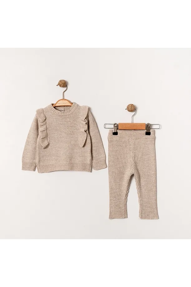 Girls' Pink Ribbed Knit Two-Piece Set with Ruffled Sleeves