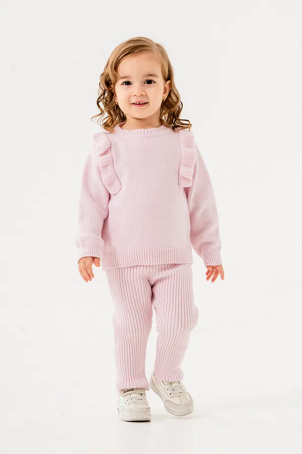 Girls' Pink Ribbed Knit Two-Piece Set with Ruffled Sleeves