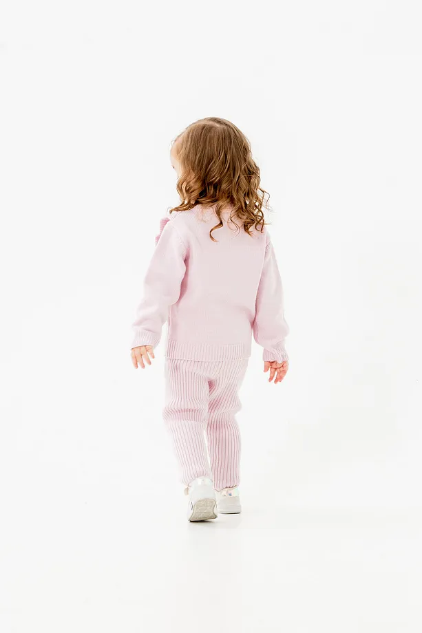 Girls' Pink Ribbed Knit Two-Piece Set with Ruffled Sleeves