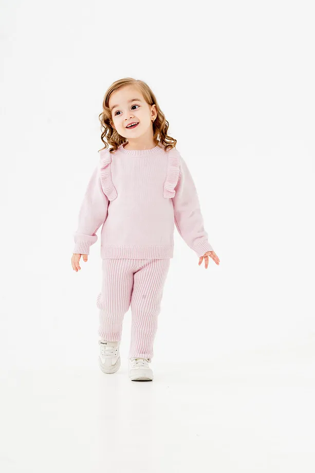 Girls' Pink Ribbed Knit Two-Piece Set with Ruffled Sleeves