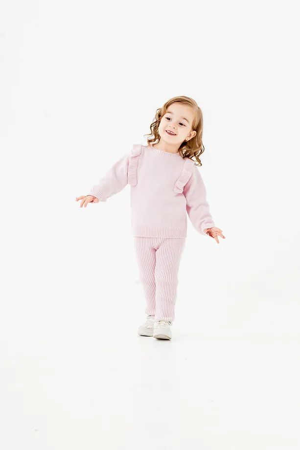 Girls' Pink Ribbed Knit Two-Piece Set with Ruffled Sleeves