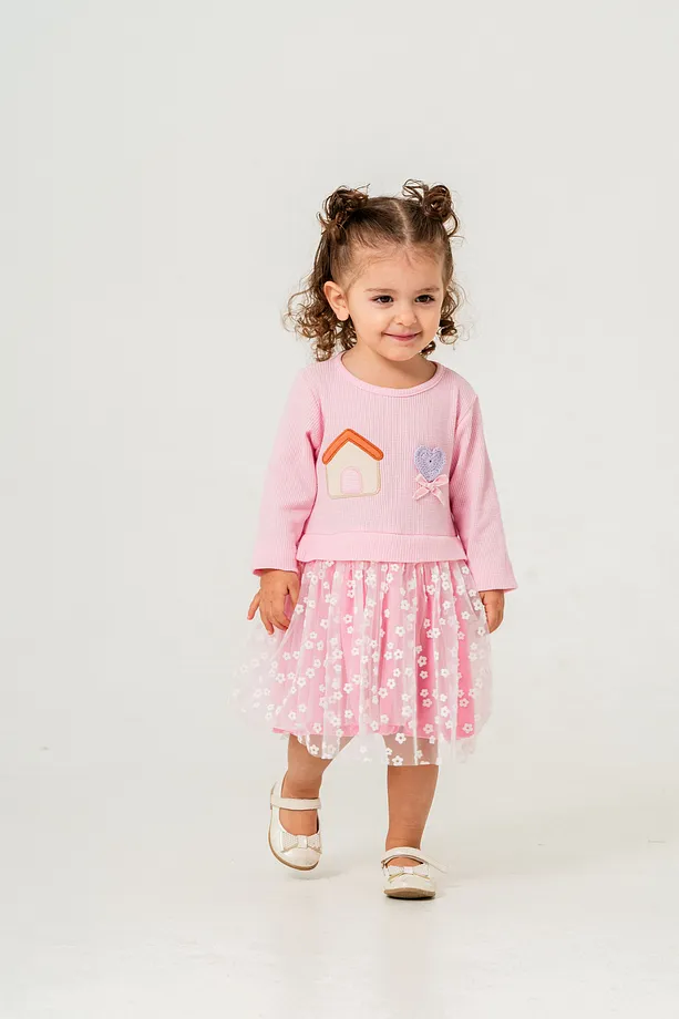 Baby Girls' Seasonal Dress with Embroidery and Floral Skirt Detail