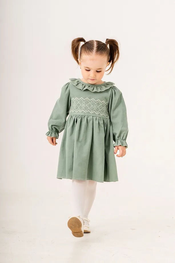 Baby Girls' Ruffled Dress with Gathered Sleeves and Collar