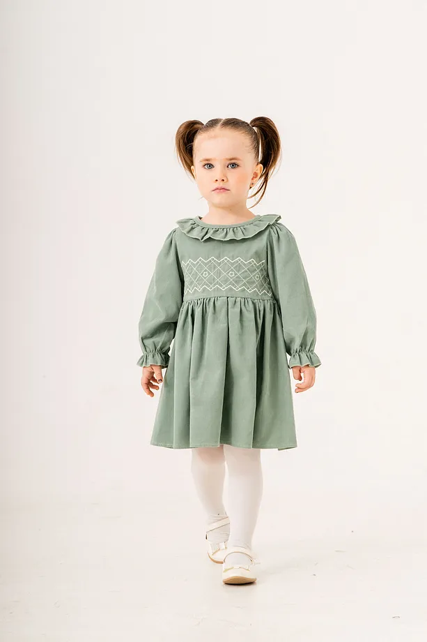 Baby Girls' Ruffled Dress with Gathered Sleeves and Collar