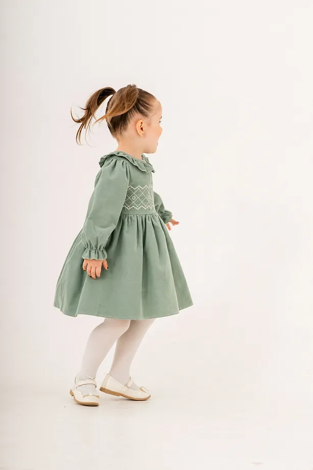 Baby Girls' Ruffled Dress with Gathered Sleeves and Collar
