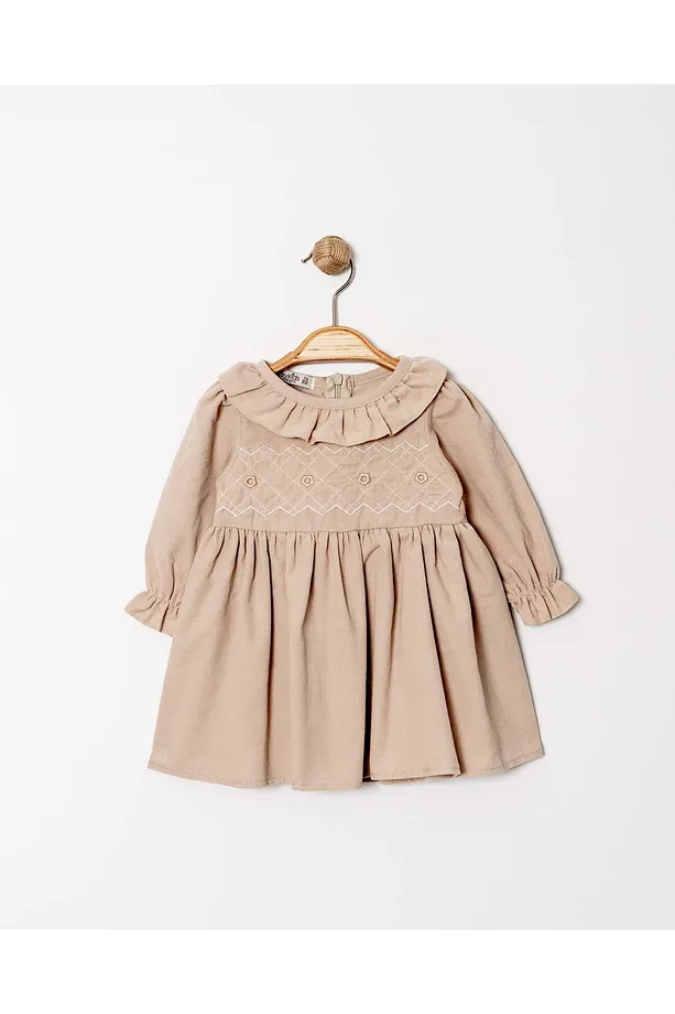 Baby Girls' Ruffled Dress with Gathered Sleeves and Collar