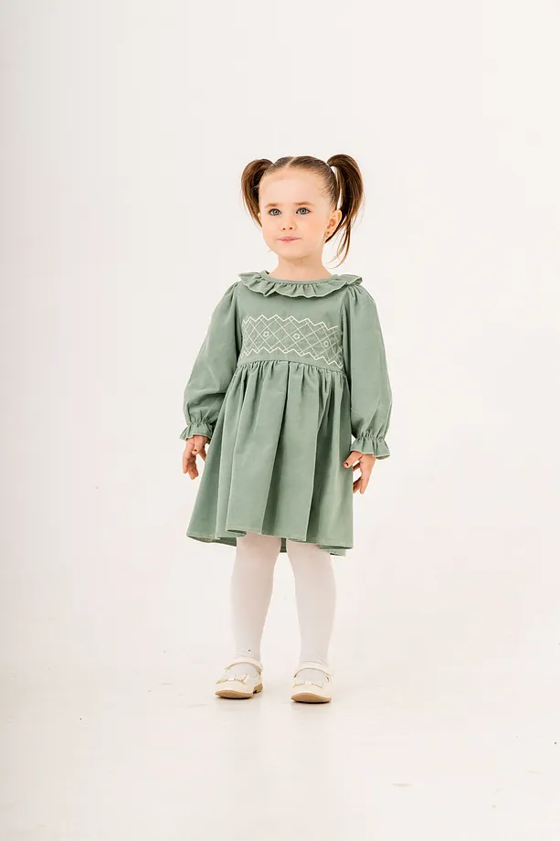 Baby Girls' Ruffled Dress with Gathered Sleeves and Collar