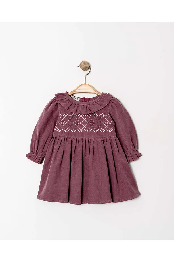 Baby Girls' Ruffled Dress with Gathered Sleeves and Collar