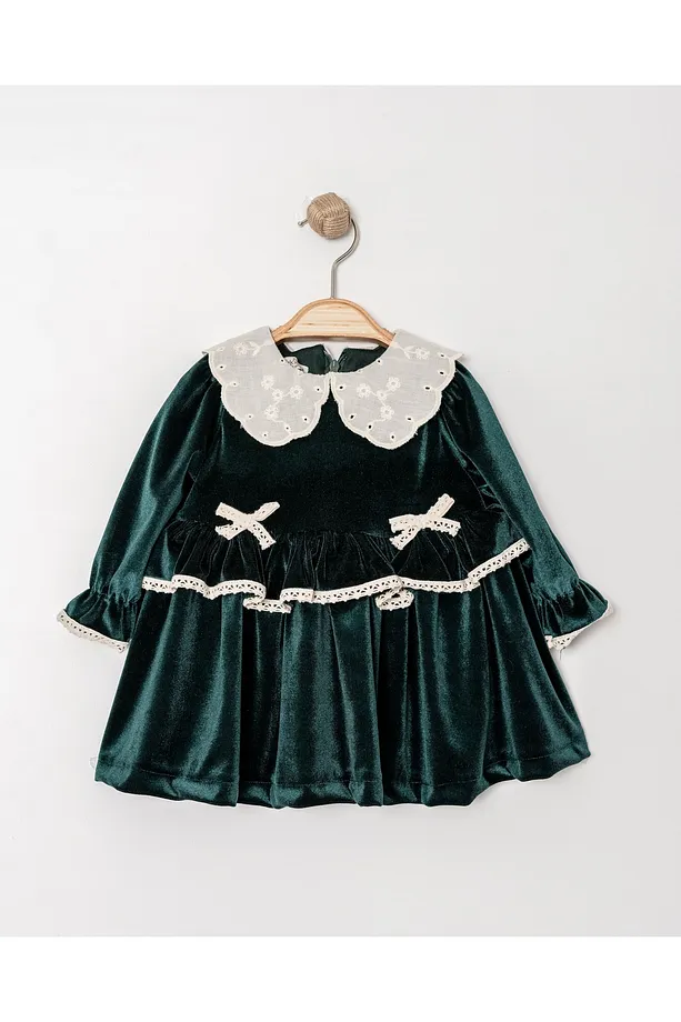 Baby Girls' Velvet Dress with Lace Trim and Peter Pan Collar