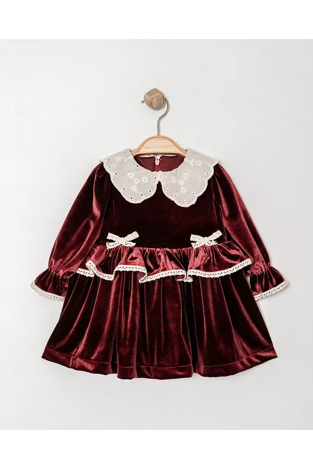 Baby Girls' Velvet Dress with Lace Trim and Peter Pan Collar