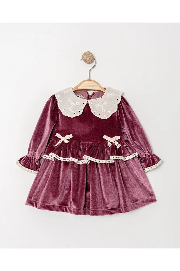 Baby Girls' Velvet Dress with Lace Trim and Peter Pan Collar