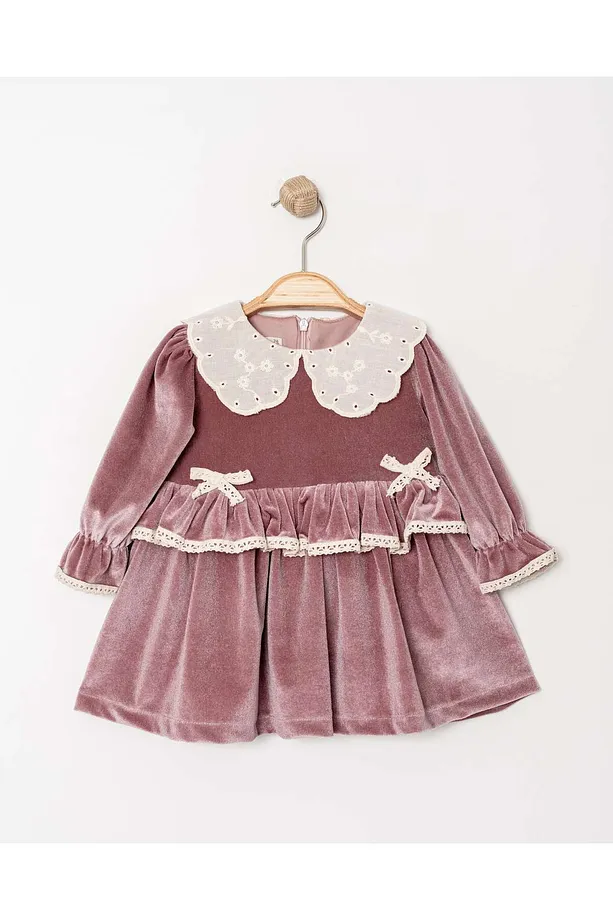 Baby Girls' Velvet Dress with Lace Trim and Peter Pan Collar