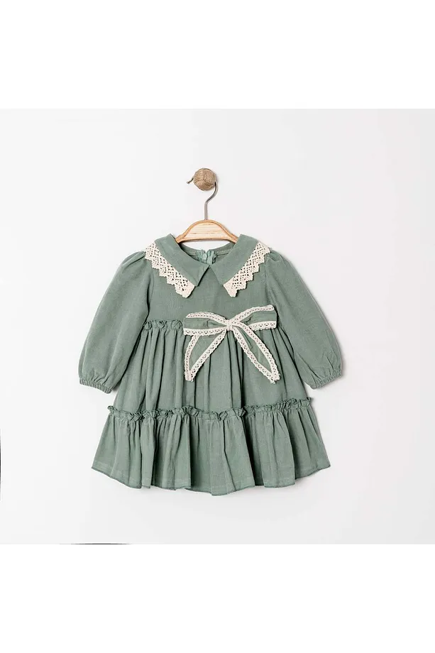 Girls' Shirt-Collar Dress with Lace Trim and Bow Detail