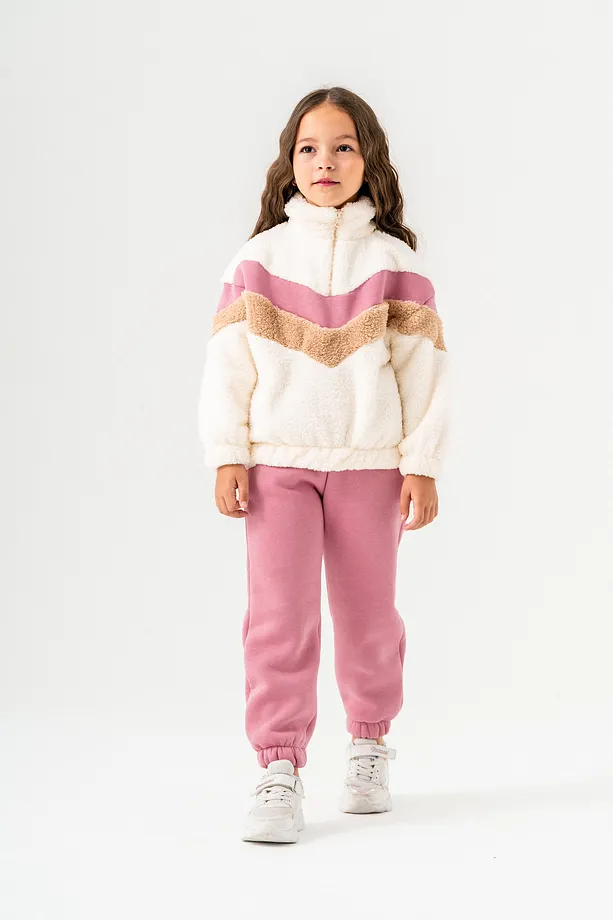Girls' Zip-Up Polar Tracksuit Set with High Neck Sweatshirt