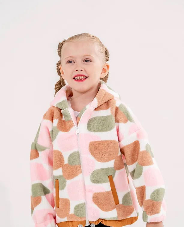 Girls' Multicolor Printed Fleece Jacket with Drawstring Waist and Zipper Closure