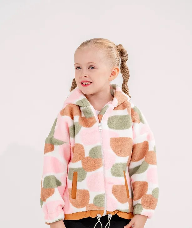 Girls' Multicolor Printed Fleece Jacket with Drawstring Waist and Zipper Closure