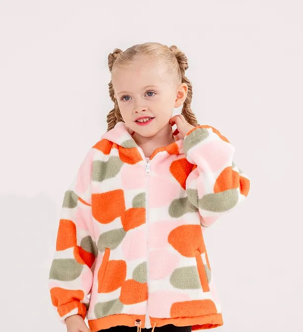 Girls' Multicolor Printed Fleece Jacket with Drawstring Waist and Zipper Closure