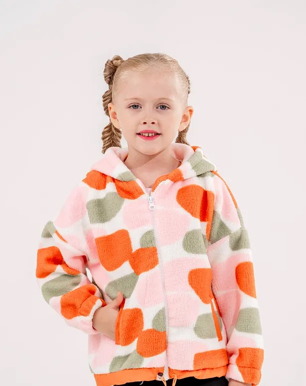 Girls' Multicolor Printed Fleece Jacket with Drawstring Waist and Zipper Closure