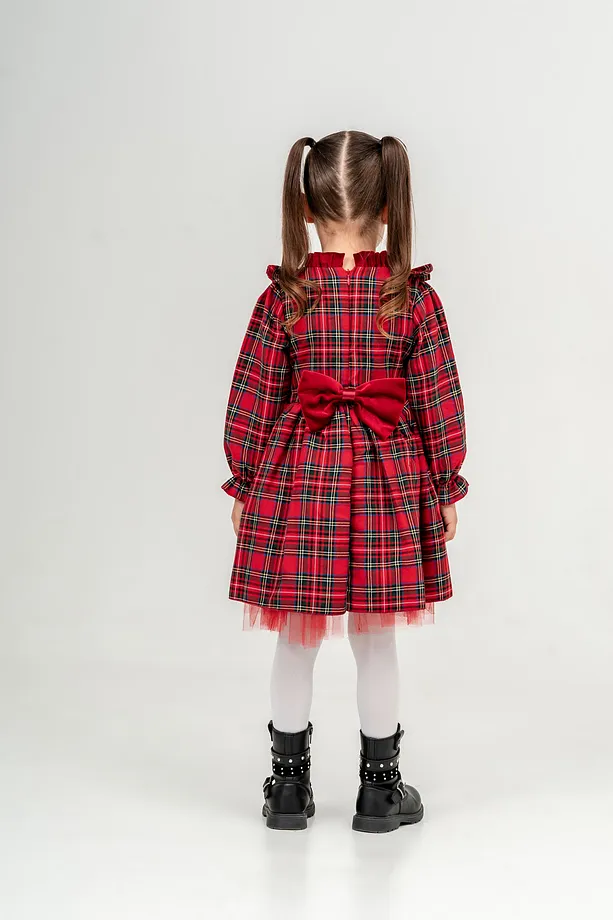 Girls' Red Plaid Dress with Bow Detail and Frill Accents