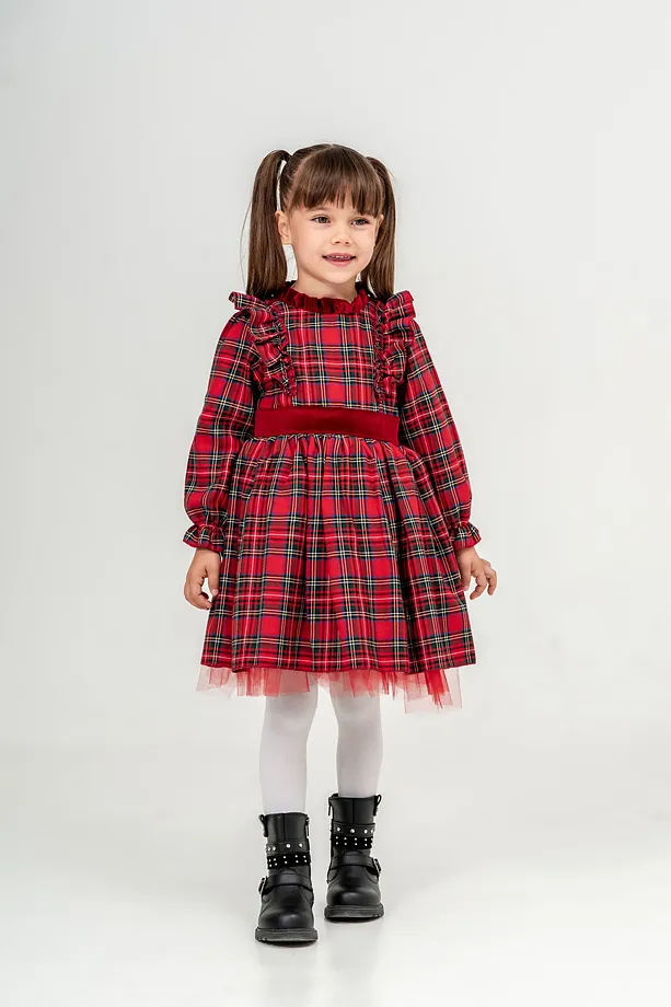 Girls' Red Plaid Dress with Bow Detail and Frill Accents