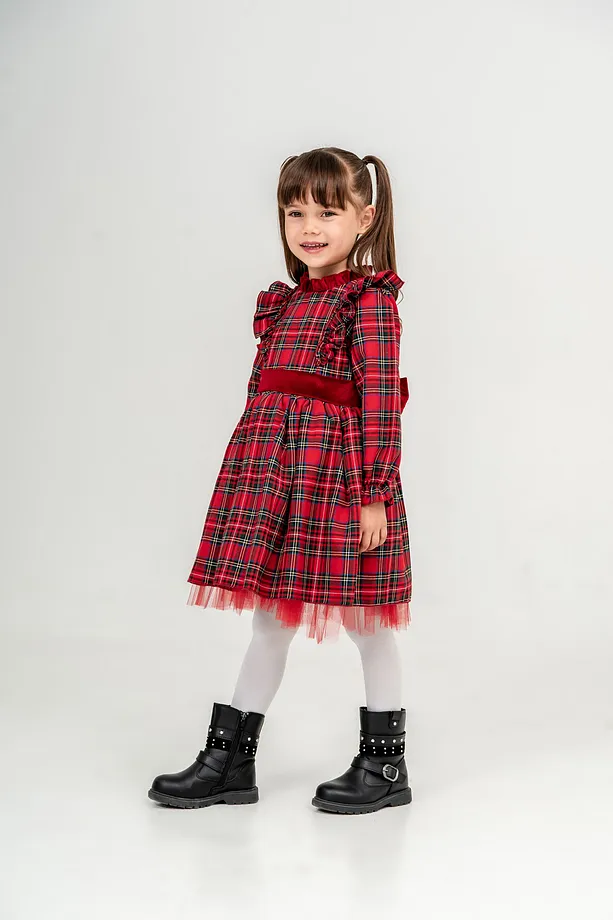 Girls' Red Plaid Dress with Bow Detail and Frill Accents