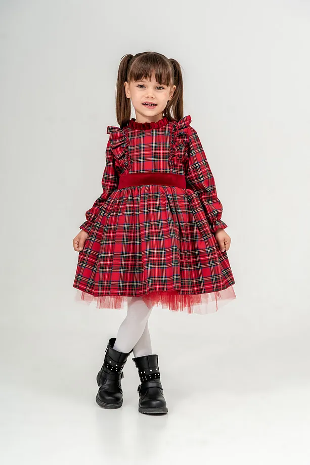 Girls' Red Plaid Dress with Bow Detail and Frill Accents