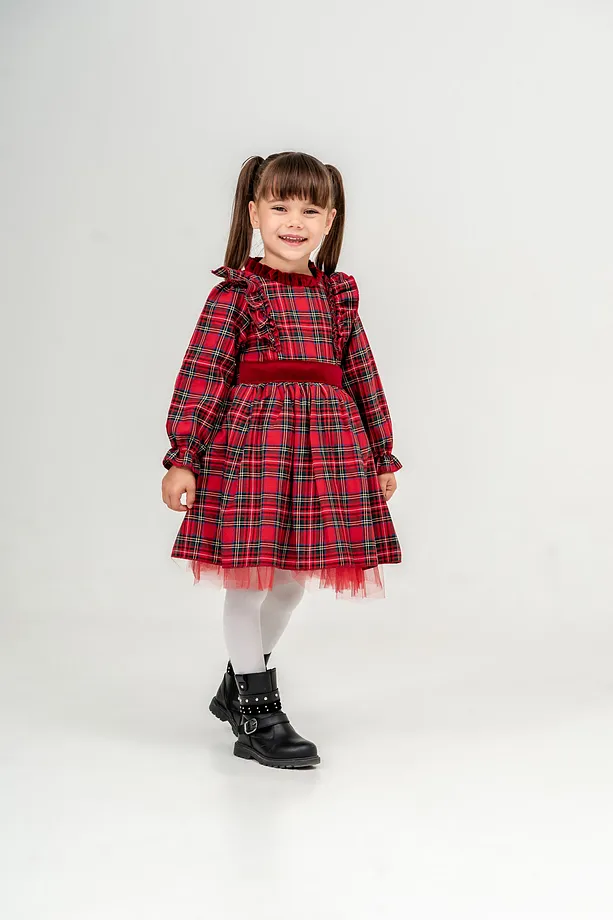 Girls' Red Plaid Dress with Bow Detail and Frill Accents