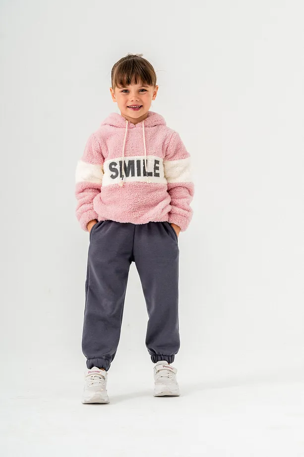 Girls' "SMILE" Printed Hooded Fleece Sweatshirt & Jogger Set – 2-Piece Winter Tracksuit